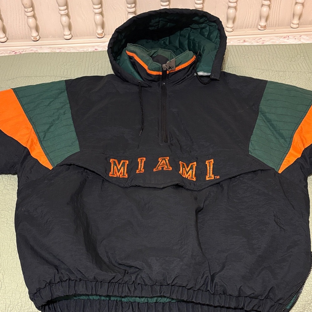 STARTER Miami Black and Green Varsity Jacket with Orange Accents